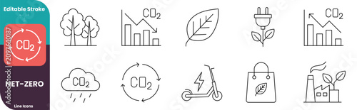 Obraz na plátně Net Zero and Carbon Emissions Editable Stroke Line Icons Set