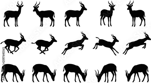 Canvas Print Black antelope silhouette vector set, wildlife icons, running jumping grazing safari animals, gazelle collection, horned mammal nature isolated graphics elements
