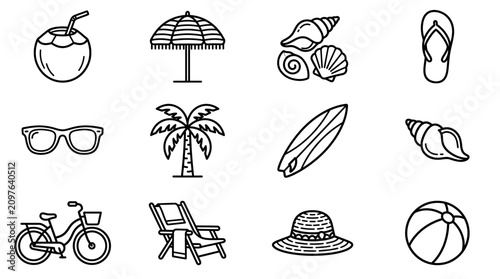 Bild auf Leinwand Summer Beach Icons Set: Coconut Drink, Umbrella, Seashells, Flip Flops, Sunglass