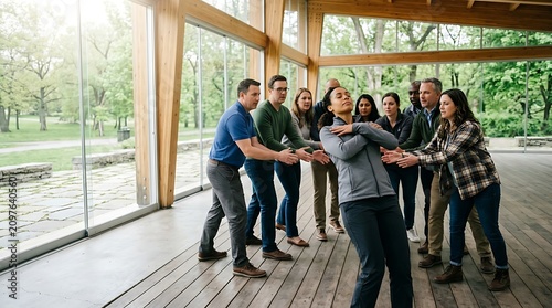 Diverse team participating in a trust fall exercise at a workshop