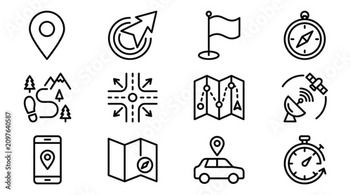 Navigation and Location Icons: Map, GPS, Compass, Pin, Route, Car, Satellite, Stopwatch