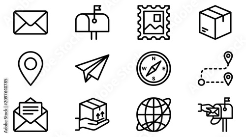 Fotografi Postal Service Icons: Mail, Package, Location, Compass, Paper Plane, Globe & Mor