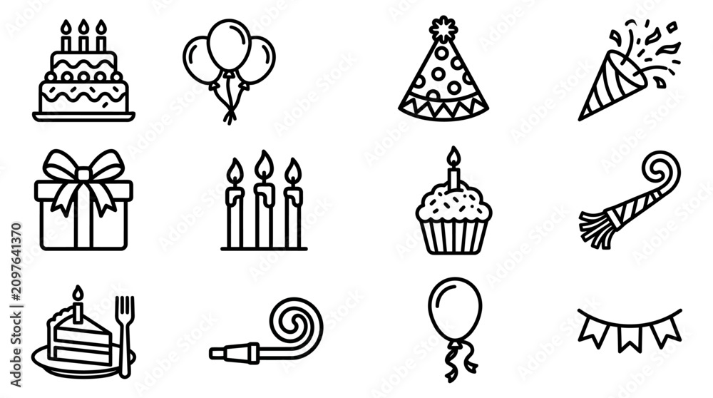 Fototapeta premium Birthday Celebration Icons: Cake, Balloons, Gift, Party Hat, Confetti - Line Art Set