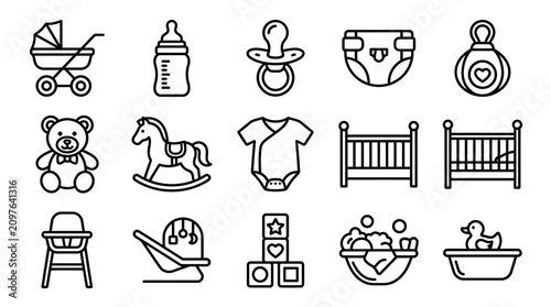 Tableau sur toile Baby Essentials Icons Set: Stroller, Bottle, Pacifier, Diaper, Toy, Crib, Bath,