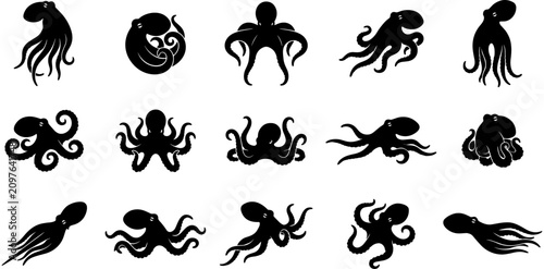 Obraz na plátne Black octopus silhouette icon set, cephalopod vector graphics, marine animal collection, sea life symbols, octopus tentacles isolated on white background