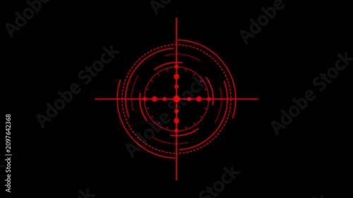 A glowing red electronic cross hair and circular target HUD interface pulse on a dark background. Ideal for Sofia video games, security system visuals, and technology