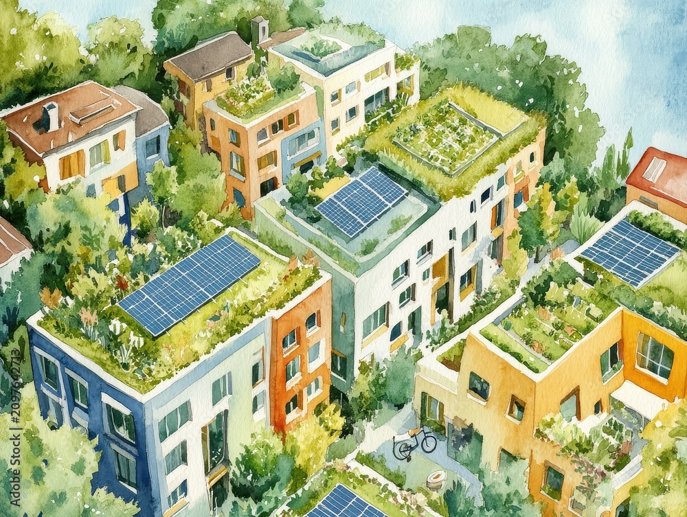 Fototapeta premium Watercolor aerial view of vibrant green rooftops urban gardens bicycles and solar panels creating a beautiful sustainable city reducing carbon emissions 