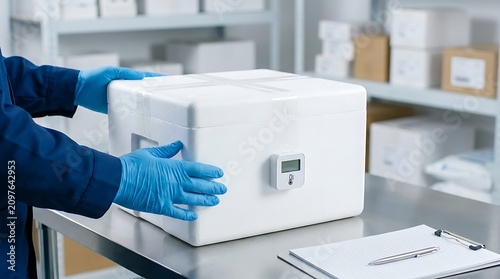 Professional worker in sterile blue gloves managing a temperature controlled cold chain shipping container with thermal data logger in a pharmaceutical warehouse distribution center.
