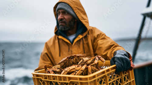 A weathered deep sea fisherman in heavy oilskins hauls a loaded crab pot over the rail of a steel working vessel in November, cold spray catching the air, deck slick with seawater