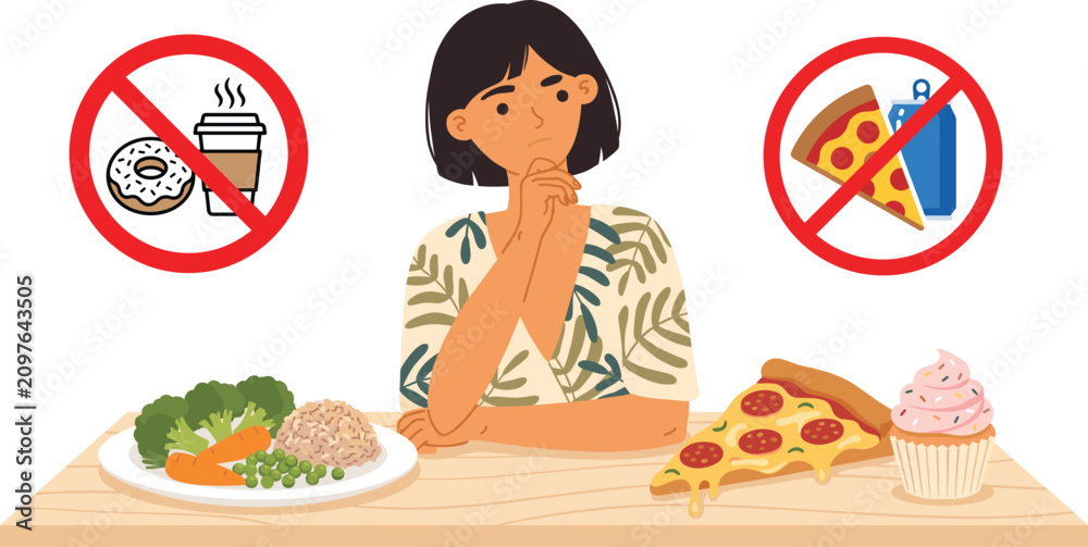 Fototapeta premium Woman choosing between healthy meal and junk food flat vector illustration for web design
