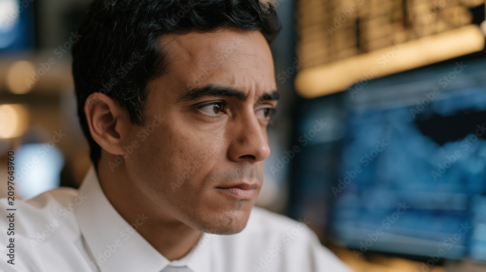 Fototapeta premium A Brazilian stock trader stands before a wall of monitors in a busy trading floor, jaw tight and eyes scanning cascading numbers during midday market hours, financial services