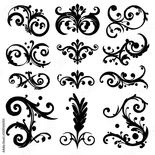 Foto Swirl and feather motifs set with intricate black and white pattern grid featuri