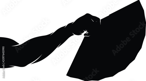 Black silhouette vector illustration of a human hand holding an open folding fan isolated on white background