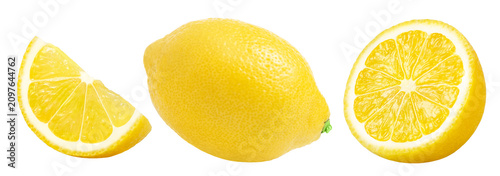 Foto Lemon fruits, slice and half of lemon isolated on a white background, Fresh Juicy lemons collection, clipping path