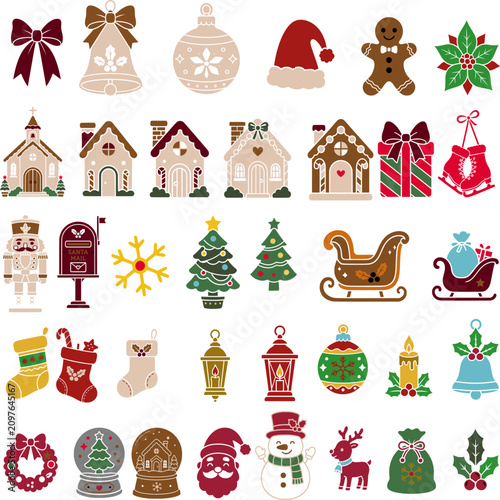 Christmas holiday vector icon collection featuring bows, ornaments, gingerbread, houses, trees, Santa, sleighs, stockings, gifts, wreaths, lanterns and festive decorations isolated on white.