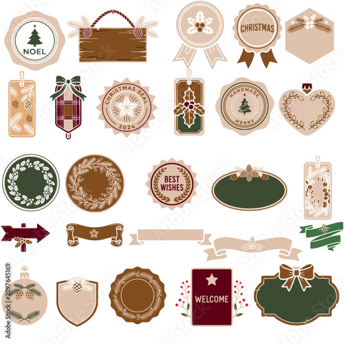 Christmas gift tag and label vector collection featuring festive frames, badges, ribbons, ornaments, stamps and decorative labels in elegant rustic style isolated on white.