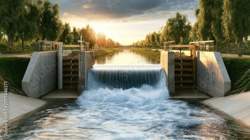 Innovative Irrigation Structure with Spillway Features Near a Bay at Sunset