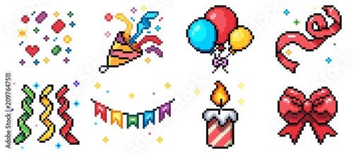 Pixel Art Celebration Decoration Icons Set