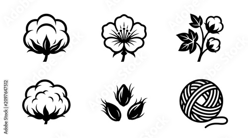 Foto Set of black and white cotton plant icons featuring fluffy bolls and soft flowers and yarn balls rendered in a clean minimalist vector style isolated for professional use on transparent background