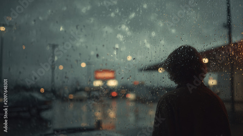 Person Silhouette Rainy Window City Lights Night Bokeh Moody Reflection Urban Melancholy Atmosphere Background