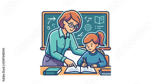 A dedicated female teacher guiding a young student with her schoolwork in a classroom setting.