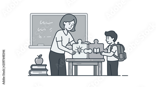 A teacher and a student connecting puzzle pieces in a classroom setting.