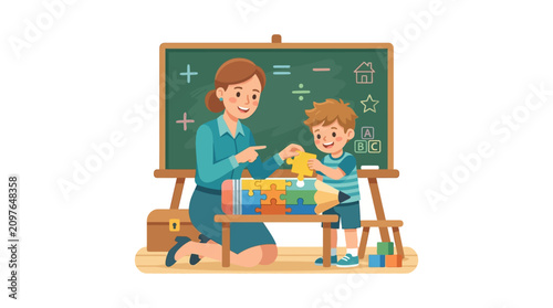A female teacher helping a young boy learn with colorful building blocks in a classroom.