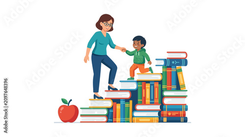 A teacher helping a young student climb a staircase made of stacked books.