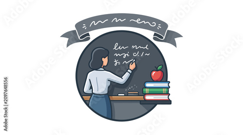 A female teacher writing on a chalkboard in a classroom setting.