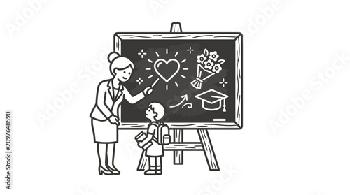 A teacher instructing a young student in front of a chalkboard with educational drawings.