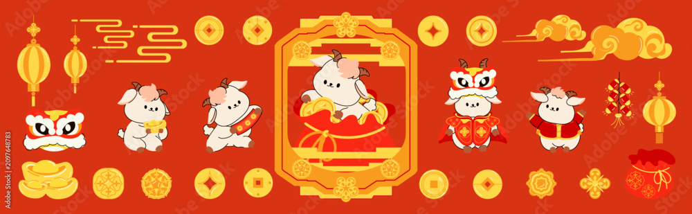 Fototapeta premium Happy Chinese New Year 2027 Year of the Goat vector element set. Cute white cartoon goat, red lanterns, floral fireworks and circular Asian frame on luxury red and gold festive design.
