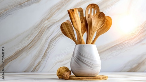 Handcrafted Wooden Kitchen Utensils Artfully Arranged in Elegant Ceramic Container on Tabletop