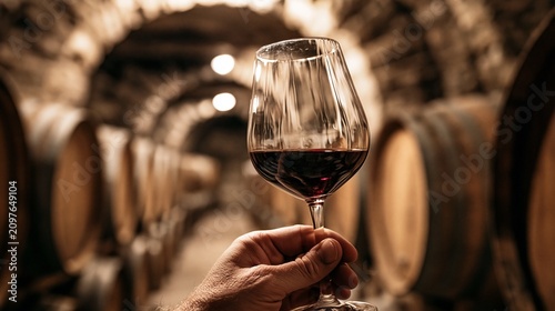 Hand Holding Wine Glass in Rustic Wine Cellar with Barrel Rows