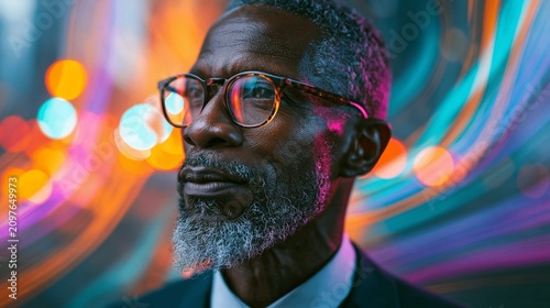 Thoughtful African American man with glasses in vibrant neon light