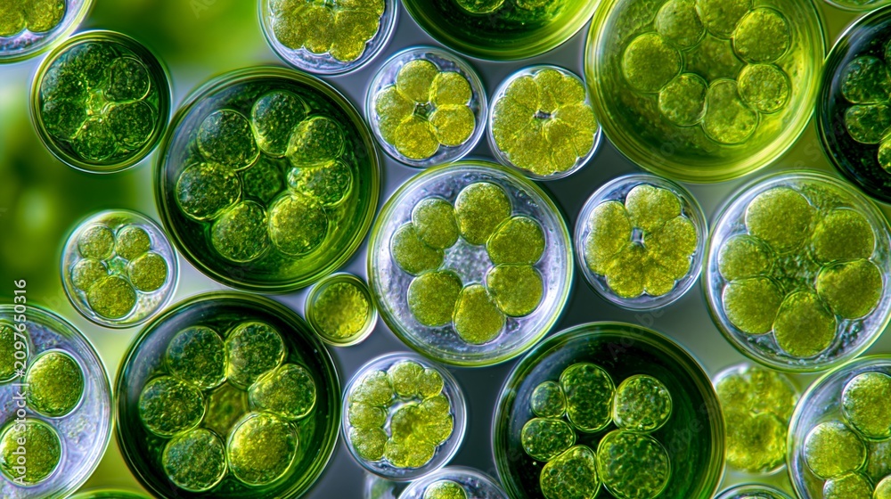 Obraz premium Top view of multiple green algae samples in petri dishes with bright lighting