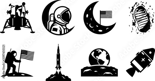 Quadro su tela Space Exploration Silhouette Icons Featuring Lunar Lander Astronaut And Rocket O