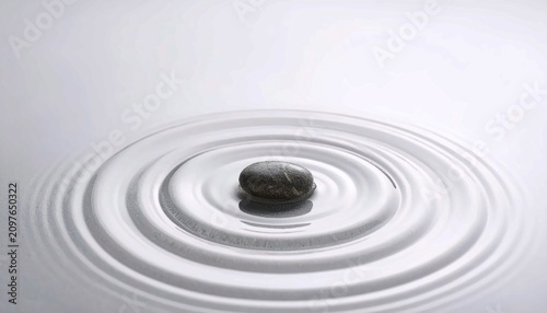 Single Black Smooth Pebble in Center of Concentric Ripples on White Surface, Minimalist Zen Abstract Background for Concept of Peace, Balance, and Quietness