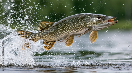 Lively northern pike jumping out of water in natural river environment