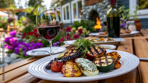 Grilled Vegetable Platter with Wine Glass on Outdoor Patio Table