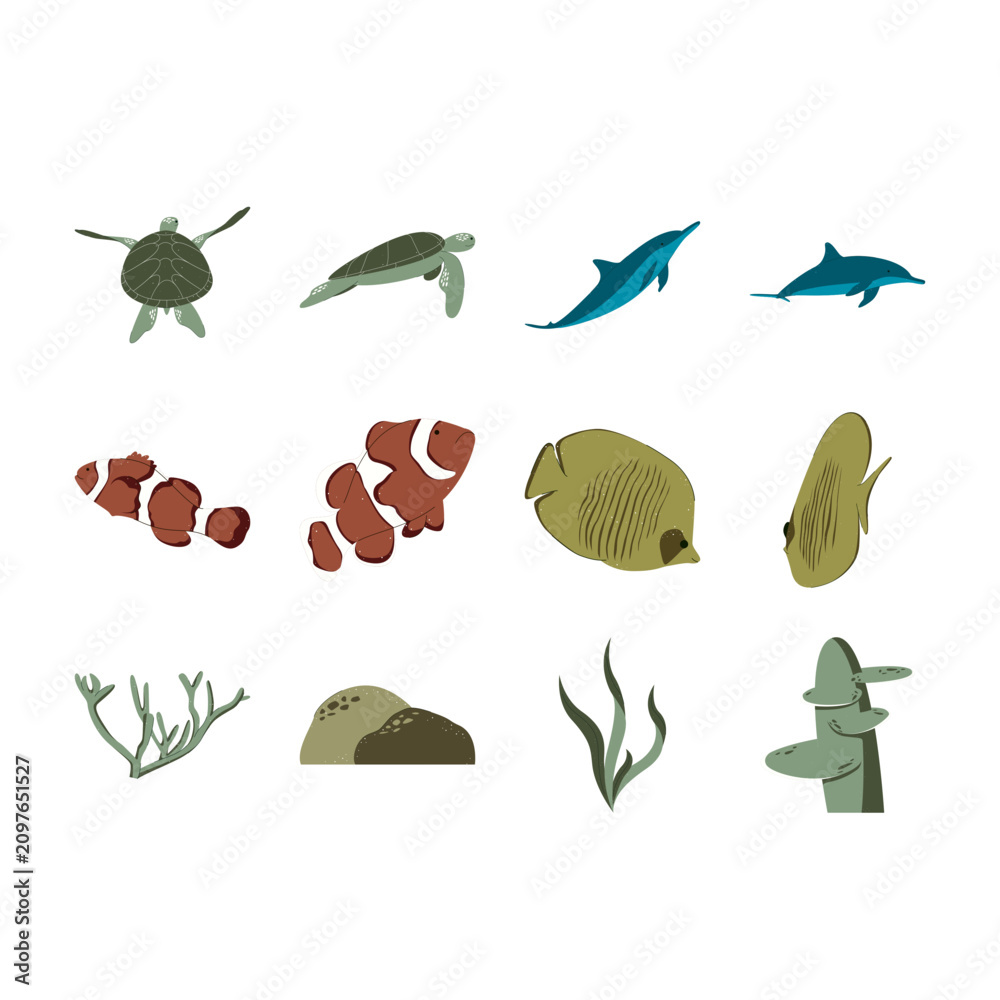 Obraz premium Underwater sea animals clipart collection 25, vector flat illustration set of fish dolphins and marine creatures for ocean design