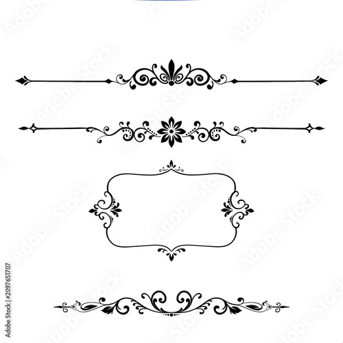 Elegant vintage ornamental divider and decorative frame set with floral flourishes isolated on transparent background for invitations and graphic design