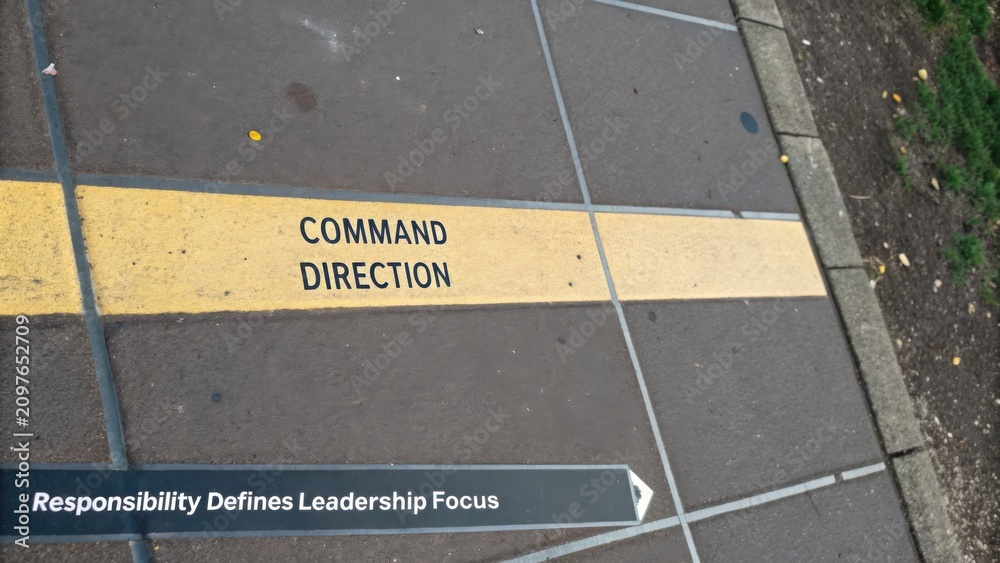Fototapeta premium Yellow Line on Sidewalk with Words Command and Direction Depicting Leadership and Responsibility in Urban Setting