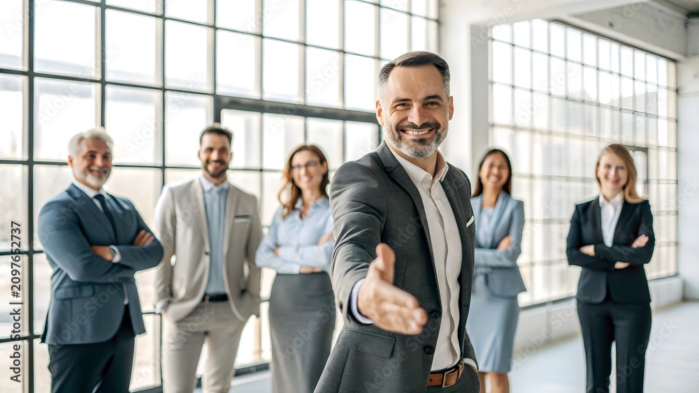 Obraz premium Professional Business Team Portrait with Confident Leader. Corporate Group in Modern Office Setting