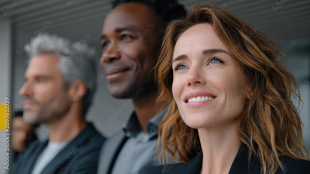 Fototapeta premium Confident business team planning future success, diverse professionals smiling, teamwork, leadership, ambition, modern office, collaboration