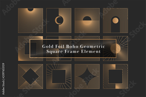 Gold Foil Boho Sunburst and Moon Line Art Geometric 12 Design Elements for Luxury Branding