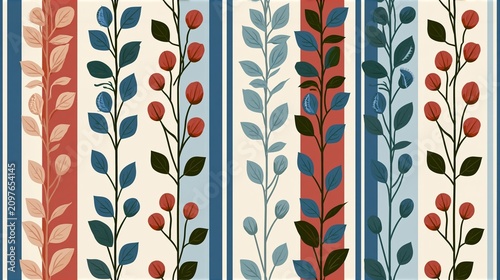 Seamless vertical stripes pattern with stylized leaves and berries design