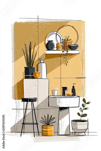 Modern minimalist interior with shelving unit and decorative plants in natural light