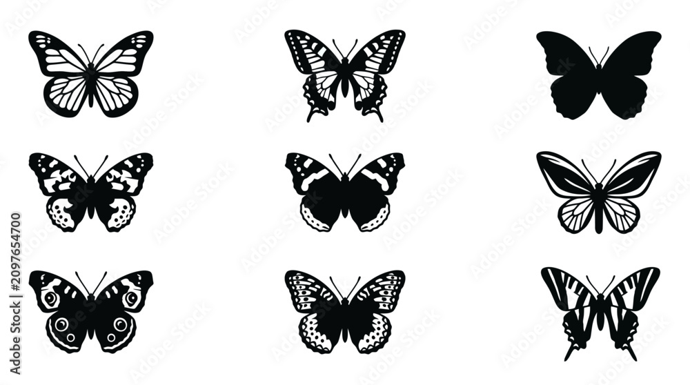 Obraz premium Set of nine vector silhouette collections of butterflies