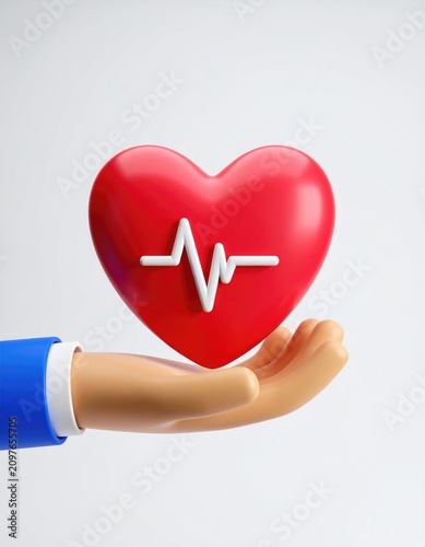 A stylized hand holds a red heart with a white cardiogram, symbolizing health