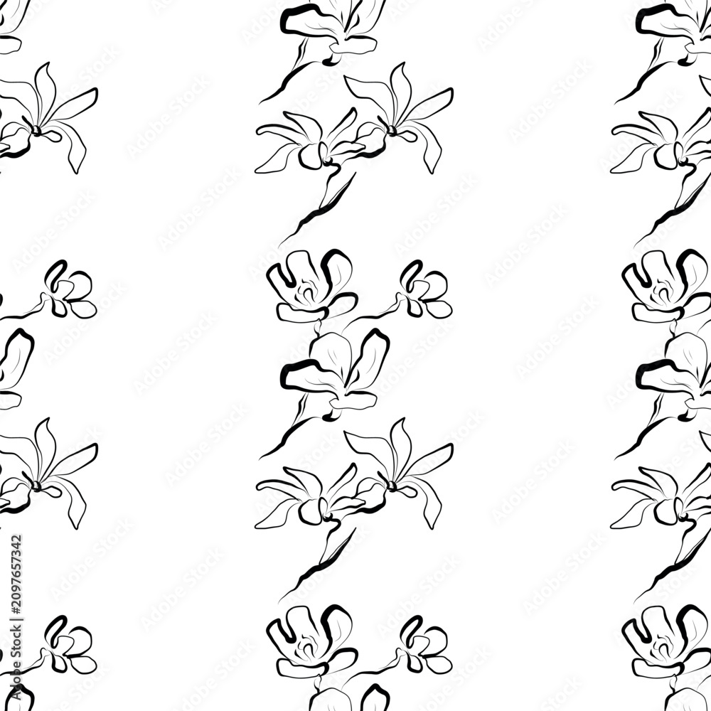 Naklejka premium Elegant Black and White Floral Seamless Pattern, Minimalist Line Art Flower Vector Background